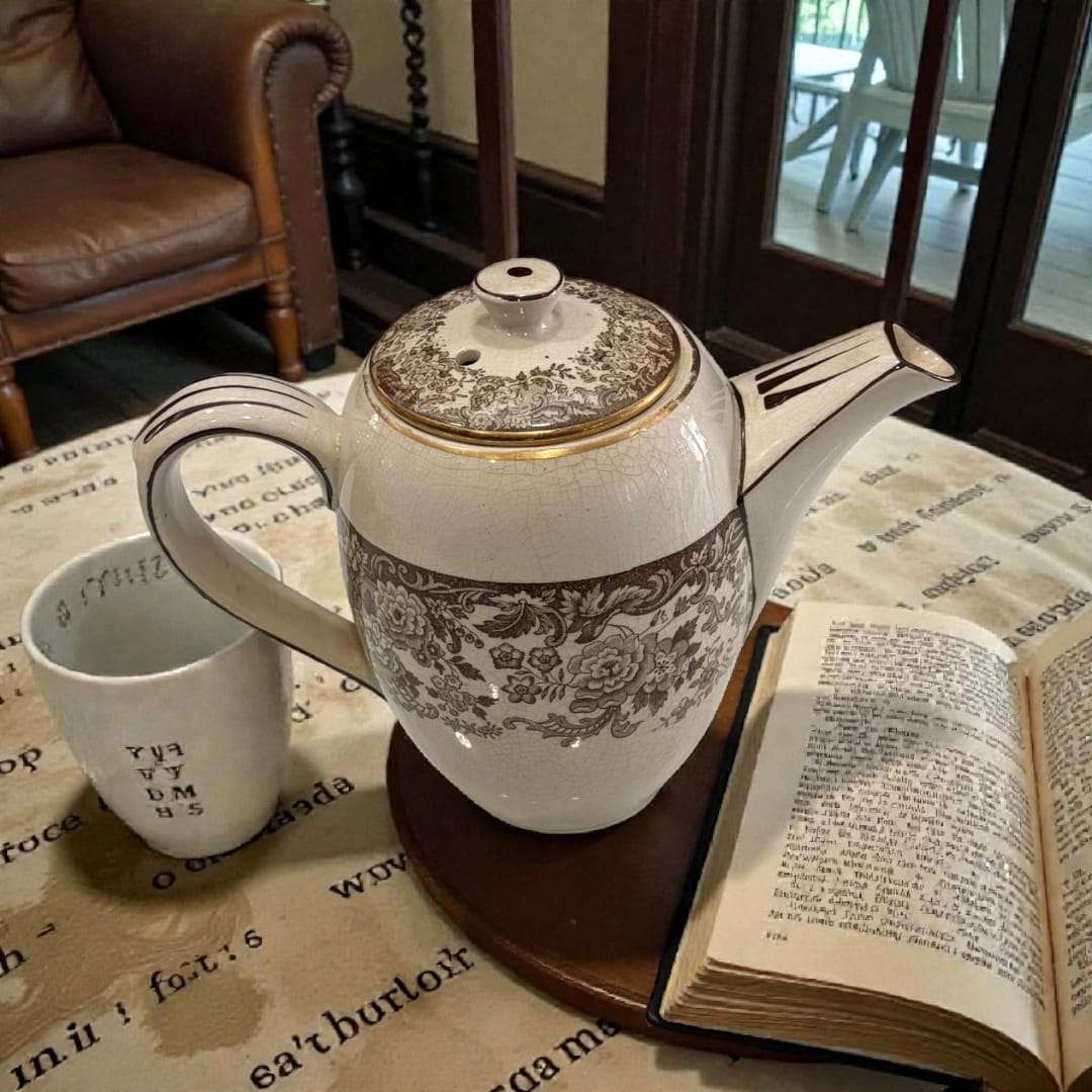 Tetera del juego de café Cartuja de Sevilla Pickman con detalles florales y libro abierto. Pieza de cerámica sevillana para decoración con historia.