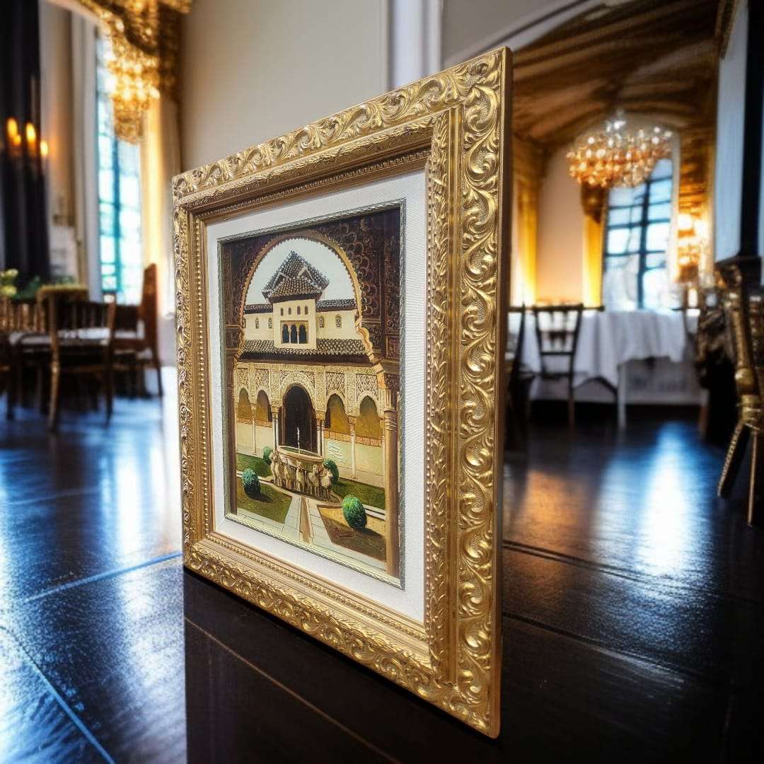 Vista frontal del óleo del Patio de los Leones con perspectiva centrada en la fuente de los leones.