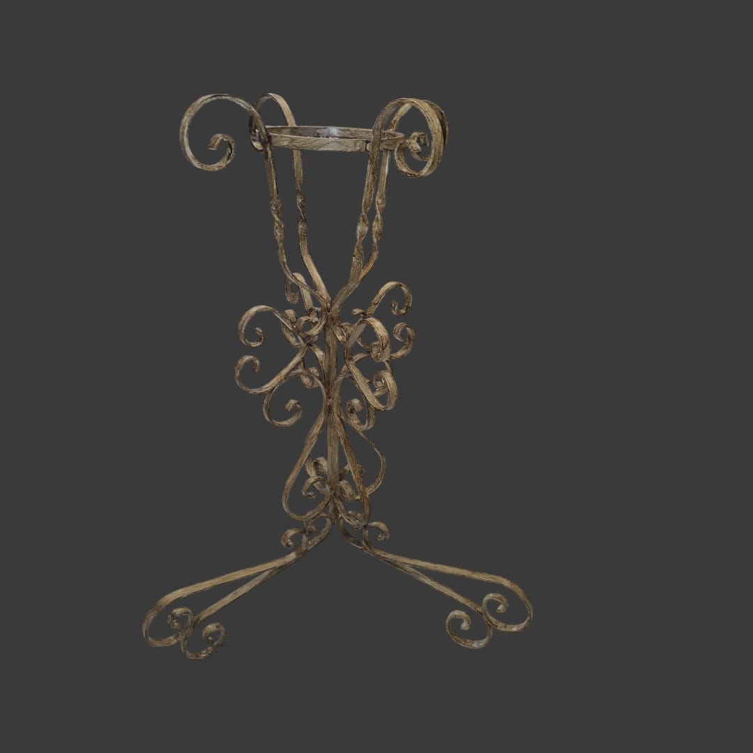 Vista frontal del macetero: "Macetero de hierro forjado con diseño ornamental, ideal para interiores y exteriores con encanto vintage."