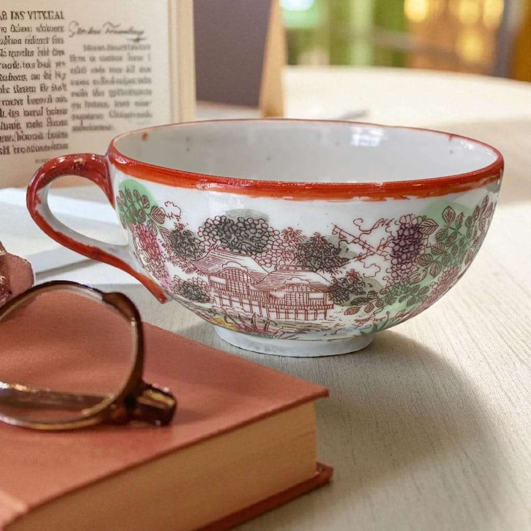 Taza de porcelana japonesa decorada a mano con motivos orientales tradicionales. Parte del Juego de Tazas de Porcelana Japonesa – Belleza y arte oriental.