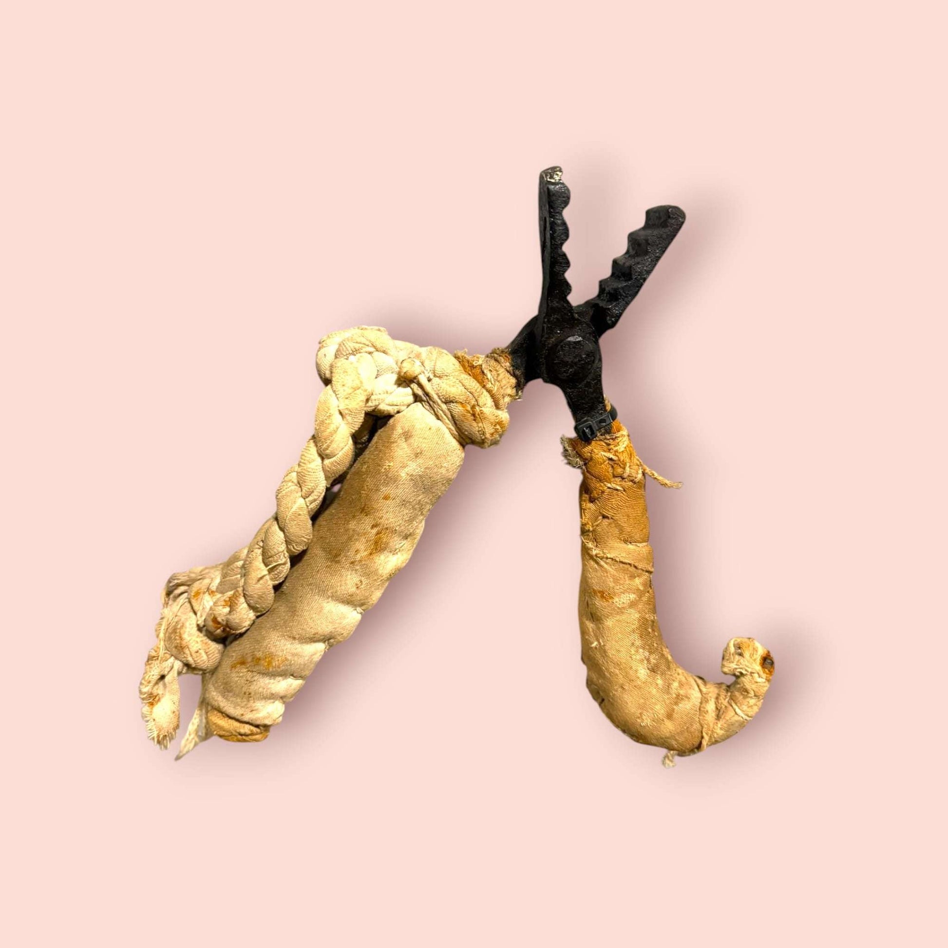 Tenaza antigua de campo sobre fondo neutro mostrando textura del metal.