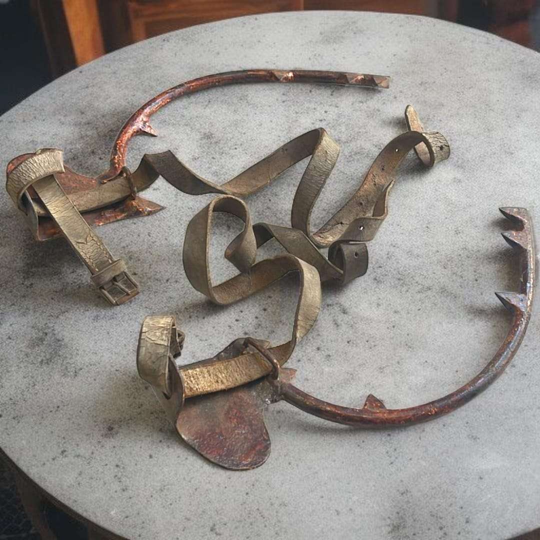 Trepadores extendidos con correas enrolladas, destacando el estado original del cuero.