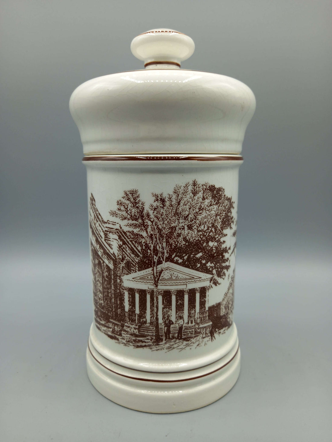 Tarro de porcelana único - Exclusivo y de alta calidad con diseño clásico de paisaje arquitectónico en tonos marrones. Ideal para decoración elegante.