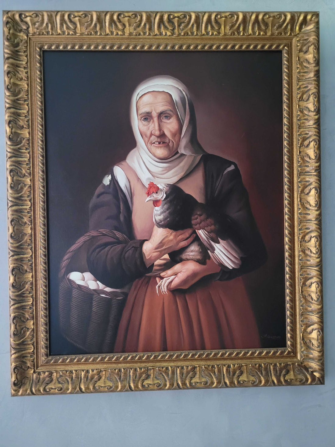 Esta obra es una reproducción de la famosa escena de Bartolomé Esteban Murillo, pintada por A. Gonzalez con un nivel de detalle impresionante y enmarcada de manera espectacular. 