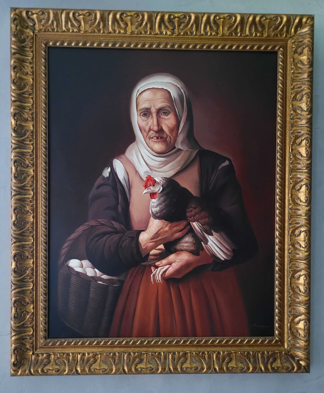 Esta obra es una reproducción de la famosa escena de Bartolomé Esteban Murillo, pintada por A. Gonzalez con un nivel de detalle impresionante y enmarcada de manera espectacular. 