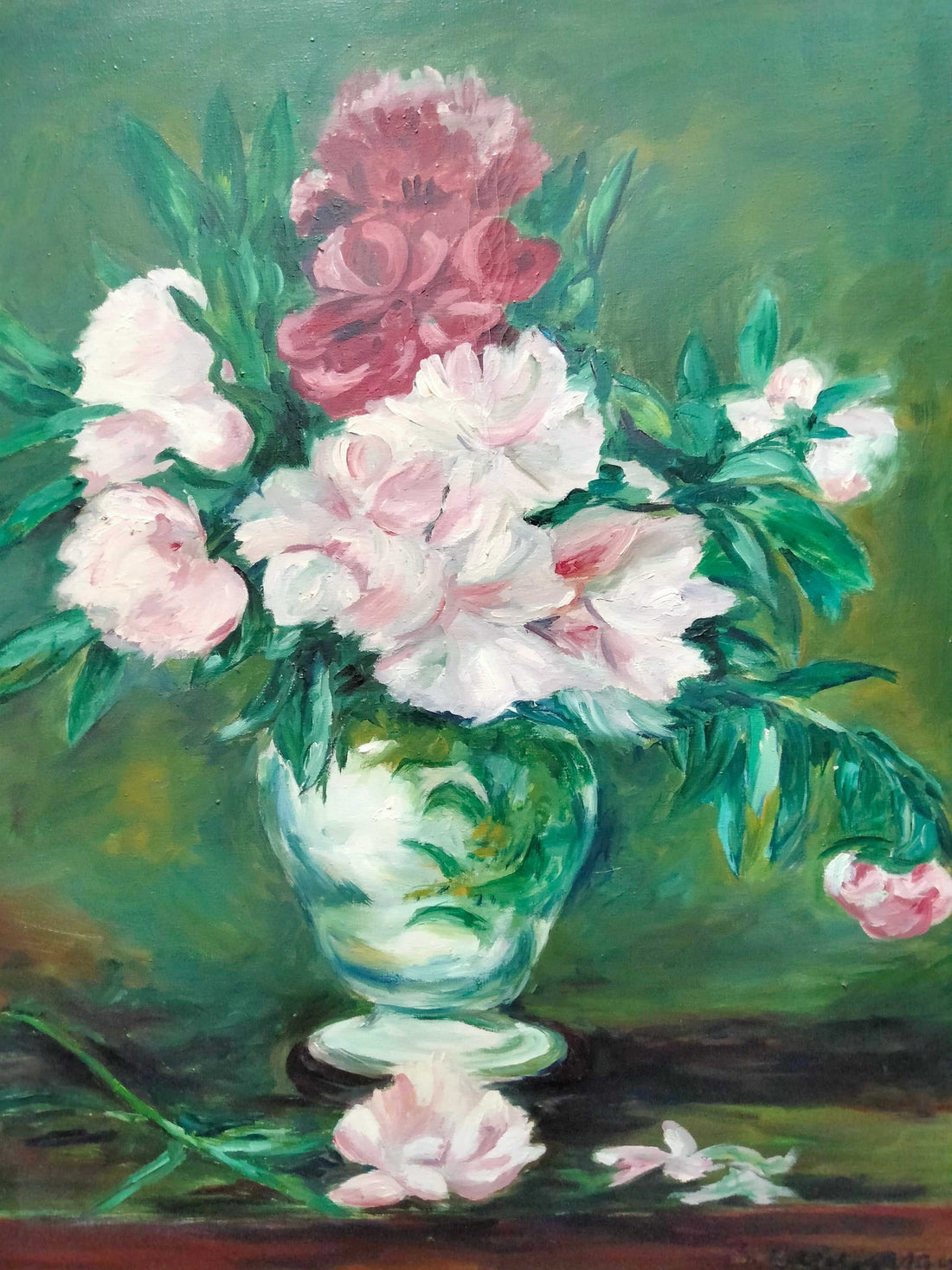 Óleo de florero pintado por B. Guamaras con flores rosadas y blancas en jarrón verde, ideal para decoración del hogar y jardín.