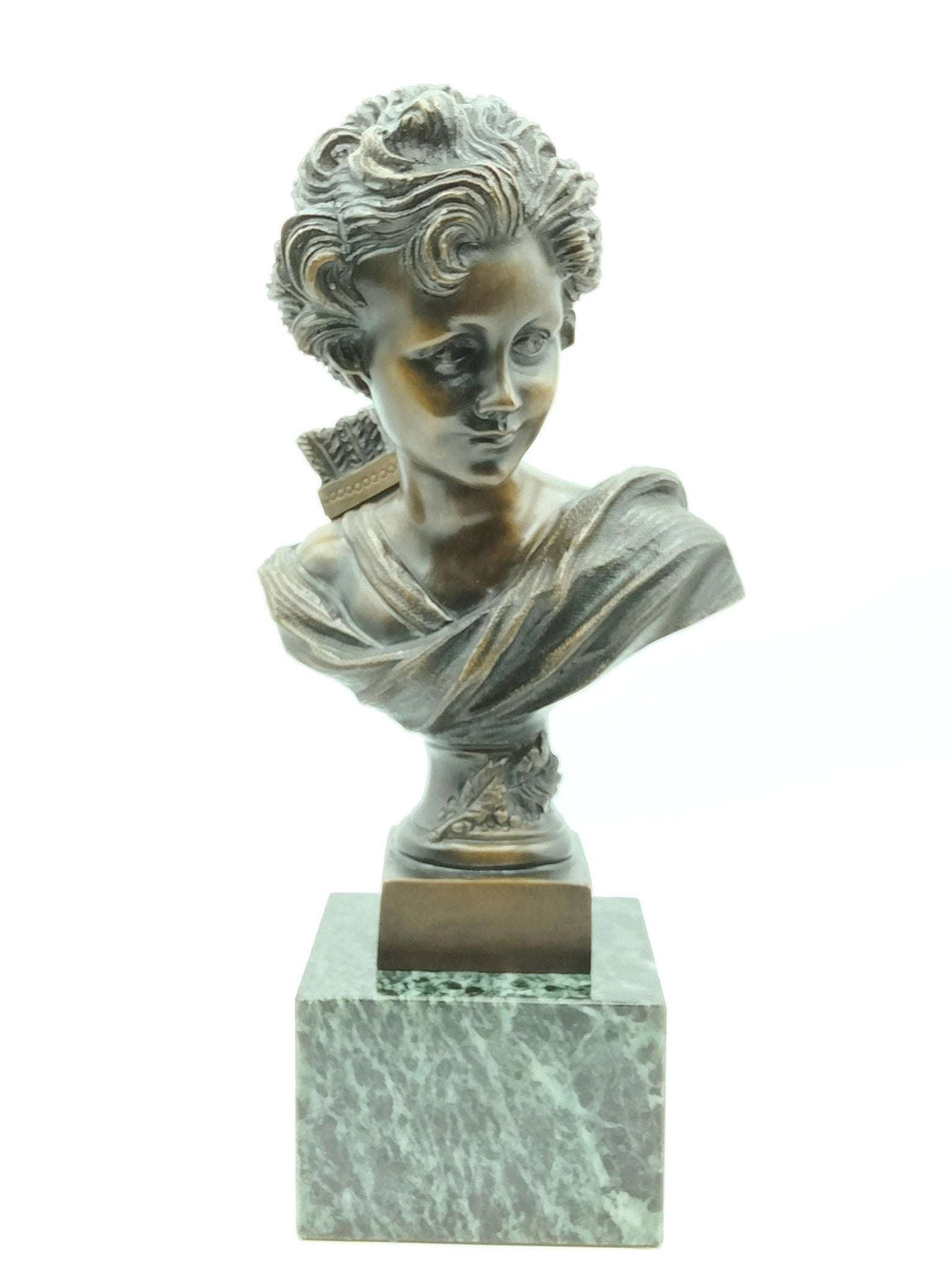 Figura | Busto de arquera en bronce estilo siglo XIX sobre base de mármol verde, decoración clásica para interiores elegantes y coleccionistas de arte.