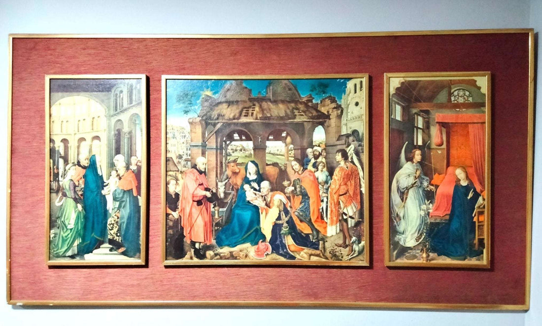 Tríptico Virgen María - Triptico | Madera de calidad, escenas icónicas. Decoración religiosa con tres paneles de arte sacro enmarcados.