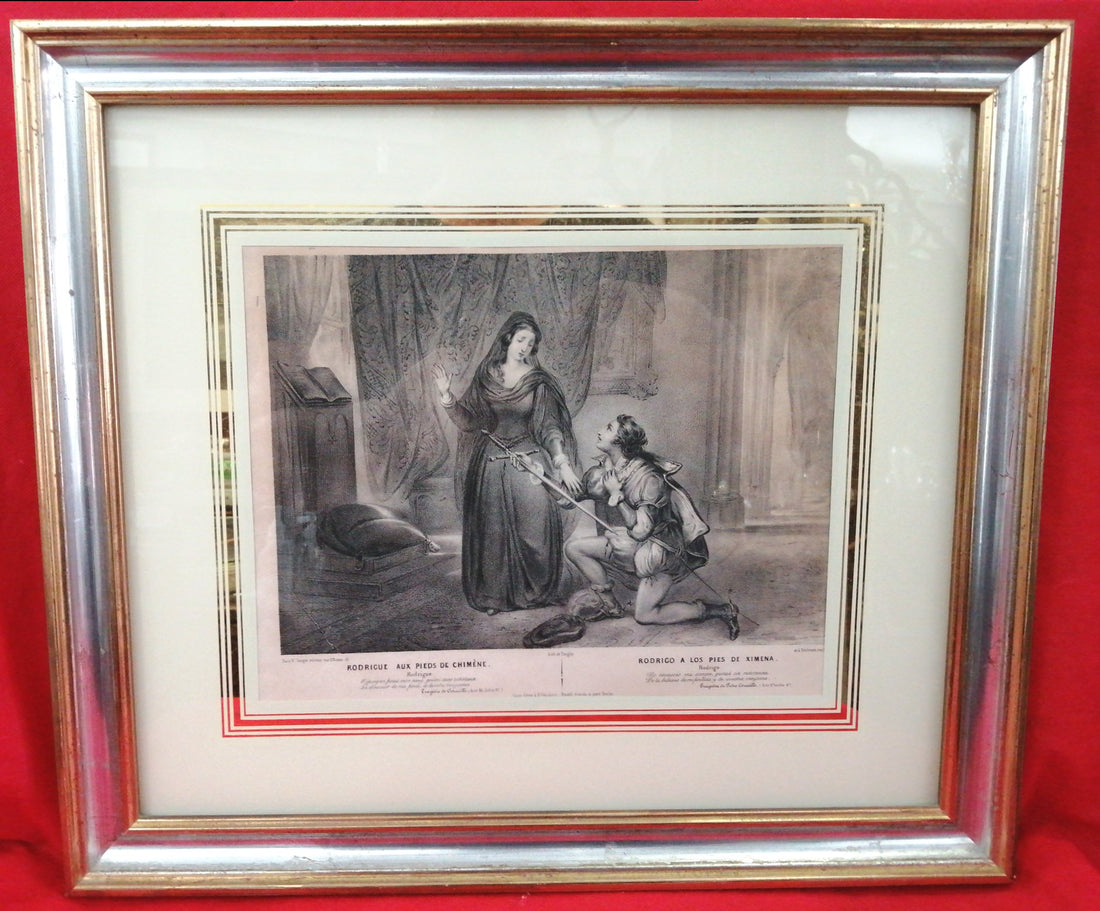 Vista frontal del grabado enmarcado, destacando su marco refinado y la escena artística.