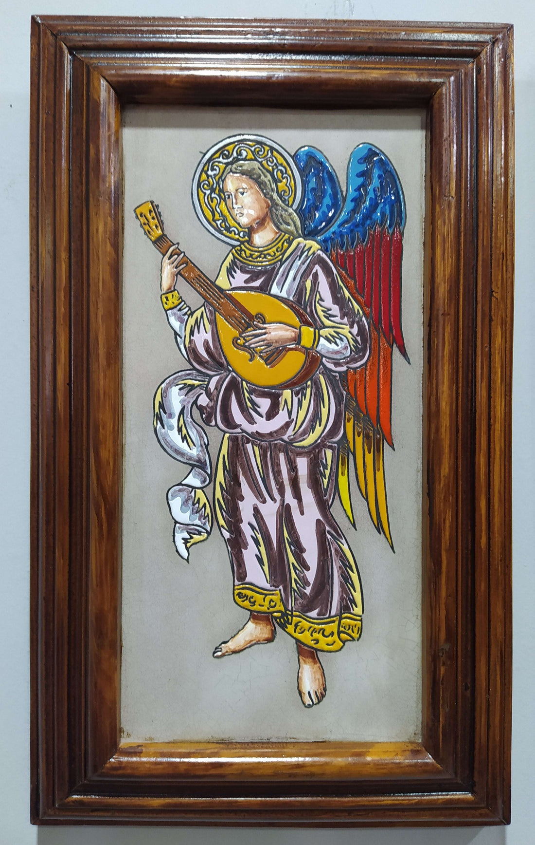 Azulejos pintados a mano con ángeles enmarcados - Alta calidad, con marco de madera y detalles clásicos para decoración religiosa.